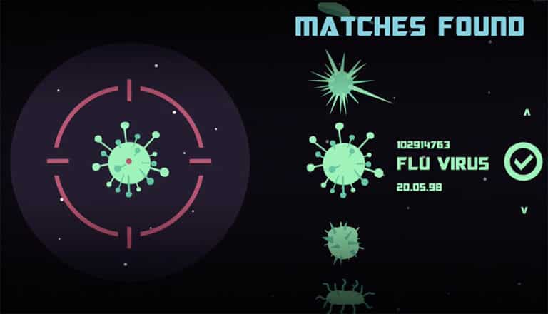 Animation scene showing a cell within a target on one side and a read out of 'matches found' on the other side - it has been identified as a flu virus