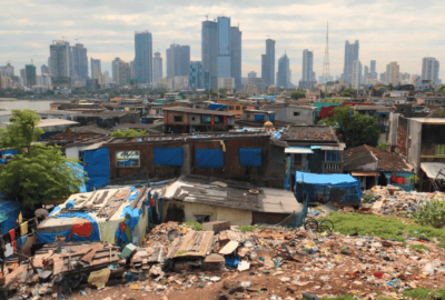 Shanty town with skyscrapers in the distance. Featured image for micro-documentary 'Demography: Understanding Our World".