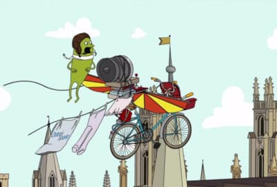Ossie flying over the dreaming spires! Still from the animation 'Jet Plight'.